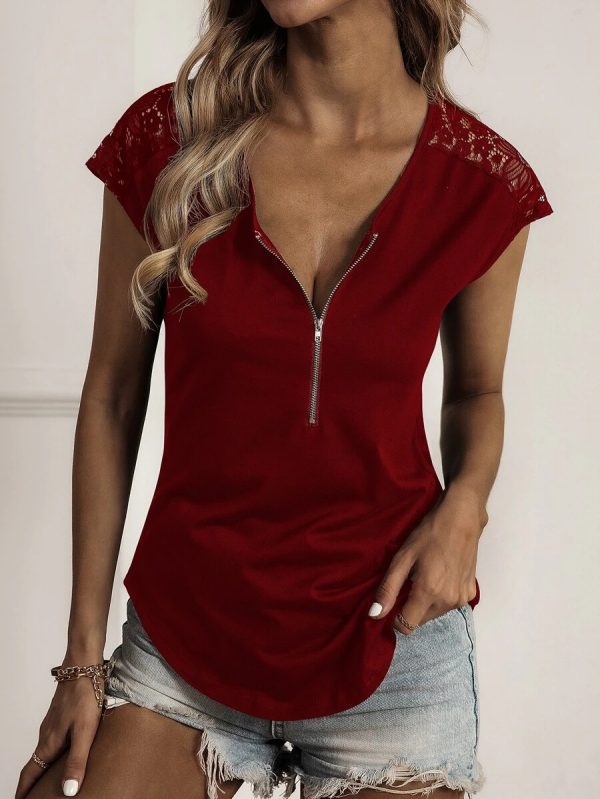 Women Clothing Popular Round Neck Half Zipper Stitching Lace Short Sleeve T Shirt