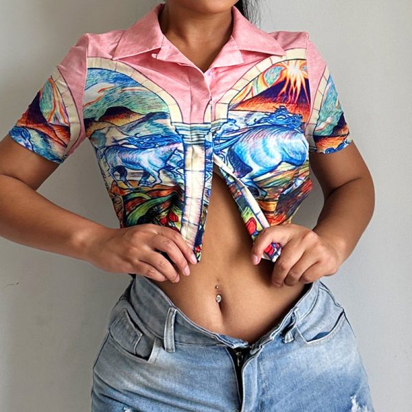 Seaside Vacation Loose Top Landscape Printing Short Cropped Polo Collar Shirt T shirt