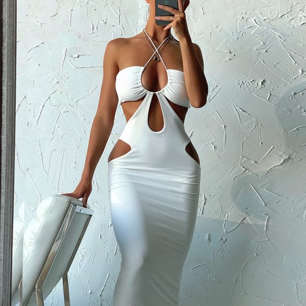 Summer Women Clothing Sexy Halter Hollow Out Cutout Backless Lace-up Beach Dress Summer