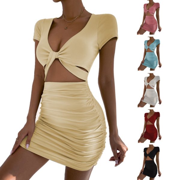 Women Clothing Short Sleeve Summer Sexy V-neck Cropped Outfit Sheath Dress Twisted