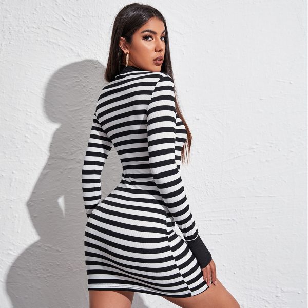 Women Clothing Sexy Slim Dress Minimalist Long Sleeve round Neck Slim Black White Stripe Dress Summer