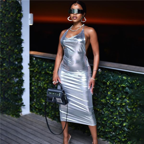 Women  Clothing Summer Reflective Metallic Strap Backless Sexy Slim Dress