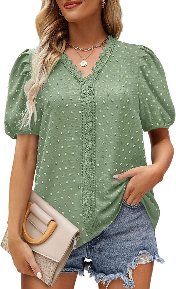 Summer Women Clothing V Neck Lace Dot Puff Short Sleeve Chiffon Shirt