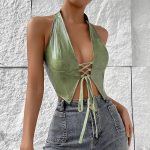 Sexy Sexy Low Cut Cardigan Solid Color Halter Lace up Faux Leather Vest Women