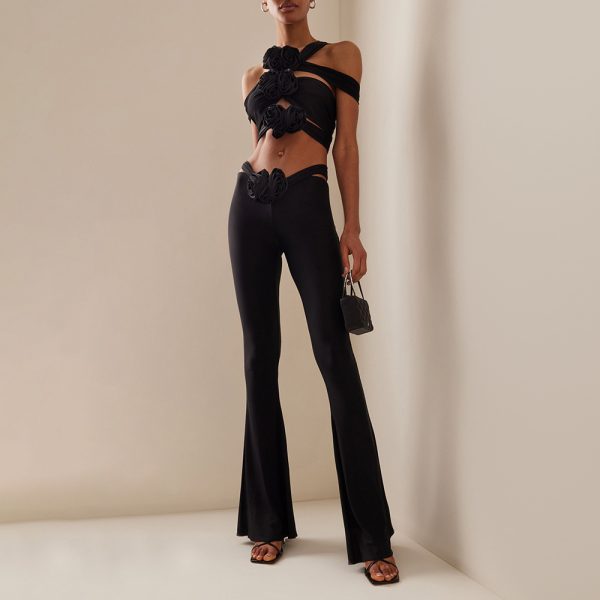 Black Cross Strap Three Dimensional Floral Two Piece Sexy Casual Set Vest Pants
