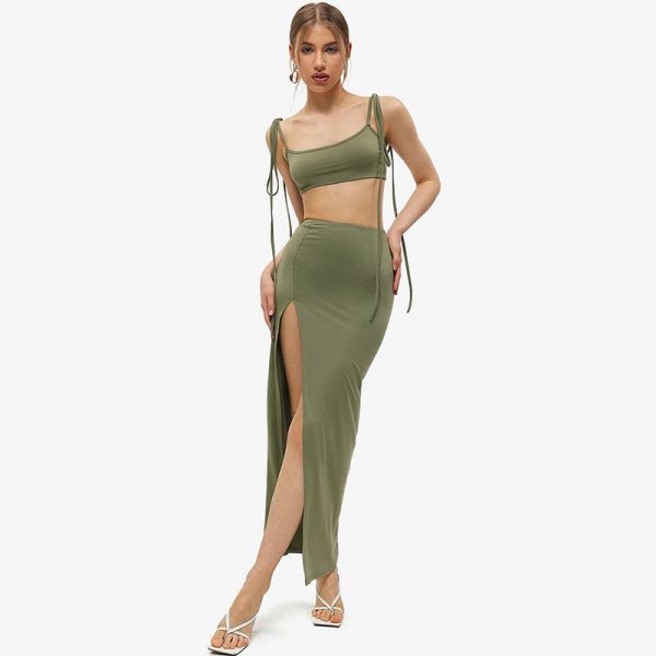 Women Clothing Summer Cropped Tied Spaghetti Strap Split Sheath Skirt Two Piece Set