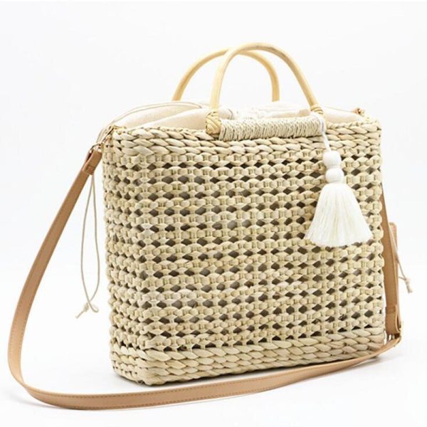 2 Color Hollow fringed woven straw bag Wooden handle natural color shopping bag