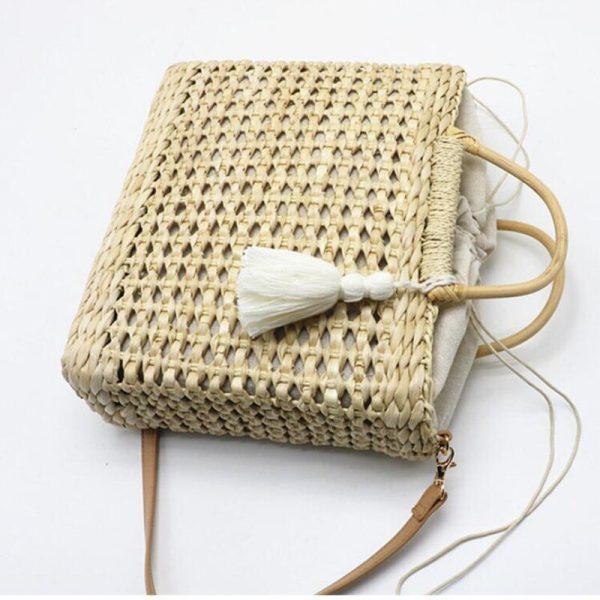 2 Color Hollow fringed woven straw bag Wooden handle natural color shopping bag