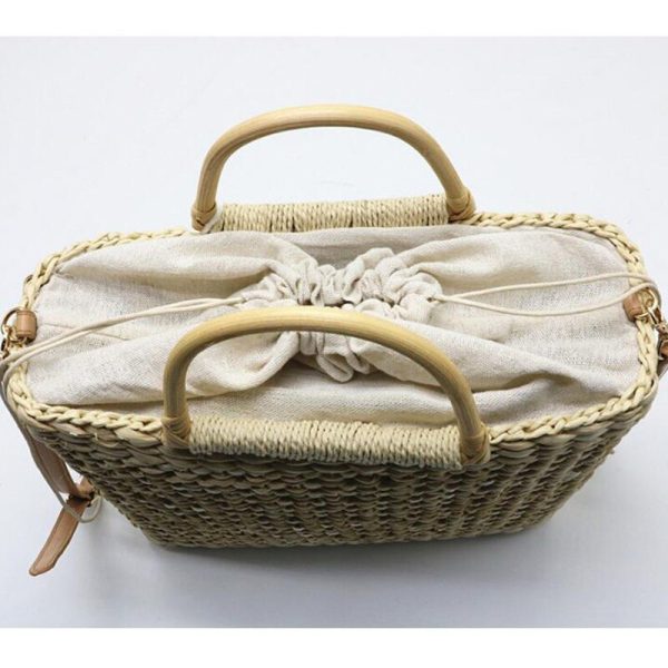 2 Color Hollow fringed woven straw bag Wooden handle natural color shopping bag