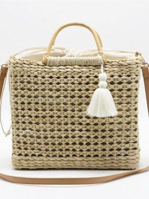 2 Color Hollow fringed woven straw bag Wooden handle natural color shopping bag