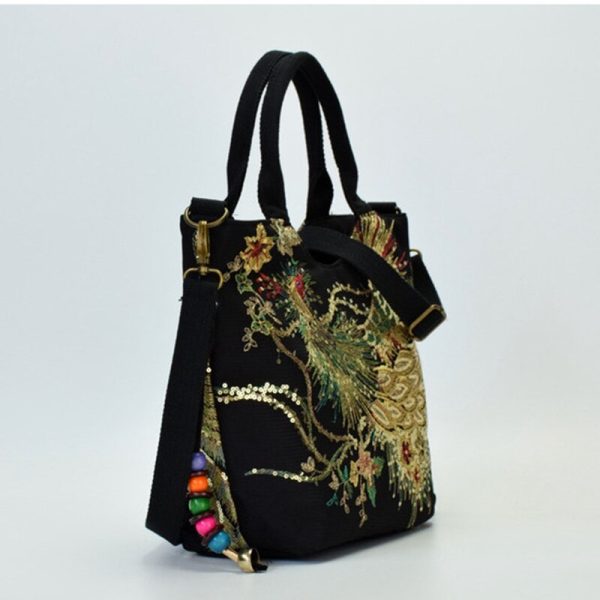 New Canvas Women Handbag National Phoenix Embroidered Shoulder Totes Messenger Bag Leisure Crossbody Beach Travel Bag