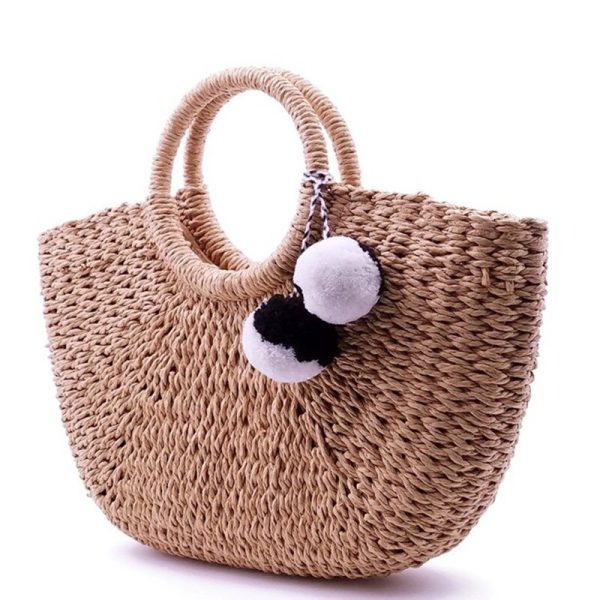 New Summer andmade Bags Women Pompon Beach Weaving Ladies Straw Bag Moon shaped Bag