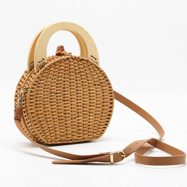 Woman fashion Wooden Handle Rattan Knit Bag Camel white New Straw Bag