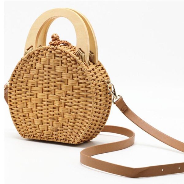 Woman fashion Wooden Handle Rattan Knit Bag Camel white New Straw Bag