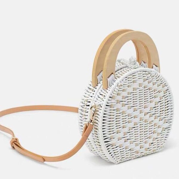 Woman fashion Wooden Handle Rattan Knit Bag Camel white New Straw Bag