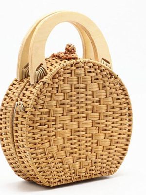 Woman fashion Wooden Handle Rattan Knit Bag Camel white New Straw Bag