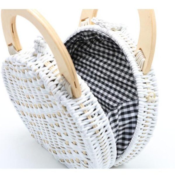 Woman fashion Wooden Handle Rattan Knit Bag Camel white New Straw Bag