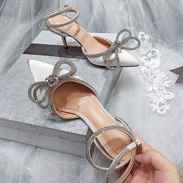 Vanessas Glitter Rhinestone Women's Pumps with Crystal Bow and Pointed Toe - Elegant High Heel Party and Prom Shoes with Buckle Strap.