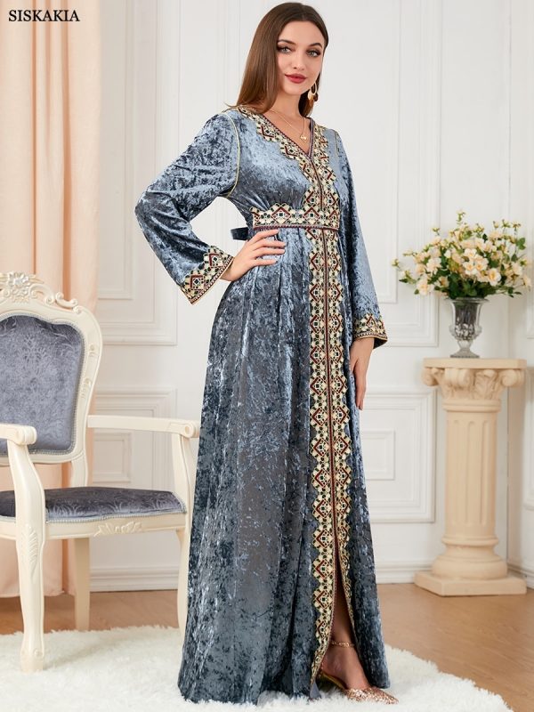 Women's Floral Embroidered Velvet Abaya Dress with Long Sleeves and Belt for Party Wear