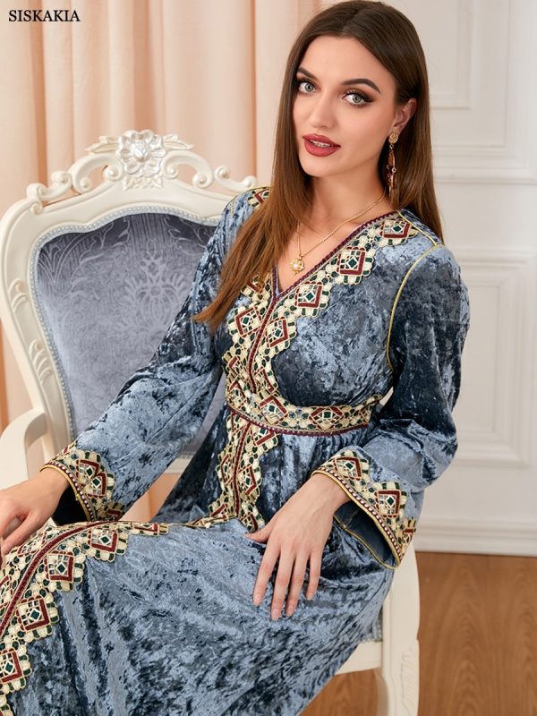 Women's Floral Embroidered Velvet Abaya Dress with Long Sleeves and Belt for Party Wear