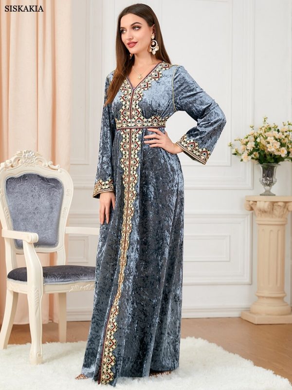 Women's Floral Embroidered Velvet Abaya Dress with Long Sleeves and Belt for Party Wear