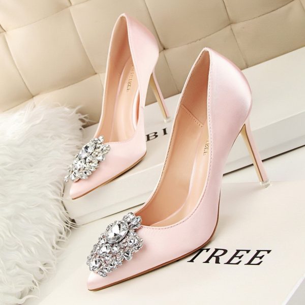Women's Silver Gray Black Faux Silk Satin Rhinestone Crystal Shallow Stiletto Heel Wedding Shoes