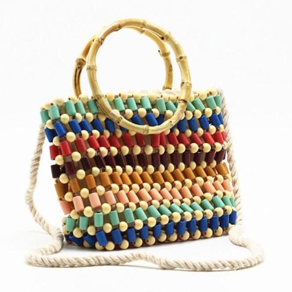 Colorful beads woven bag color hand pearl shoulder bag straw Crossbody bag women high-end fashion wood small handbag