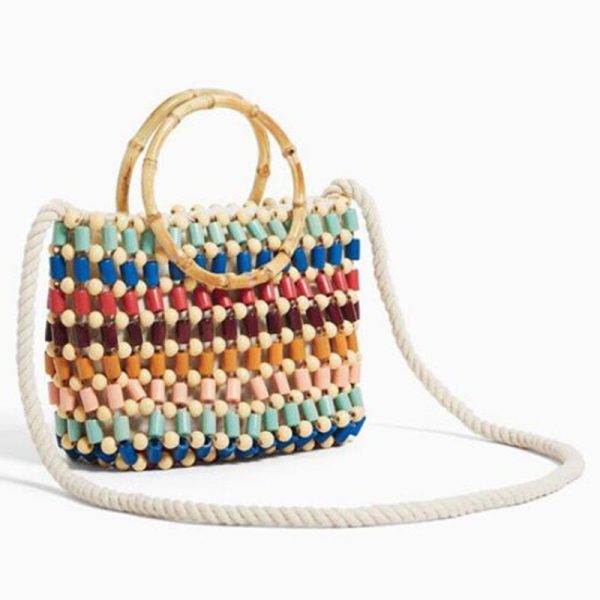 Colorful beads woven bag color hand pearl shoulder bag straw Crossbody bag women high-end fashion wood small handbag