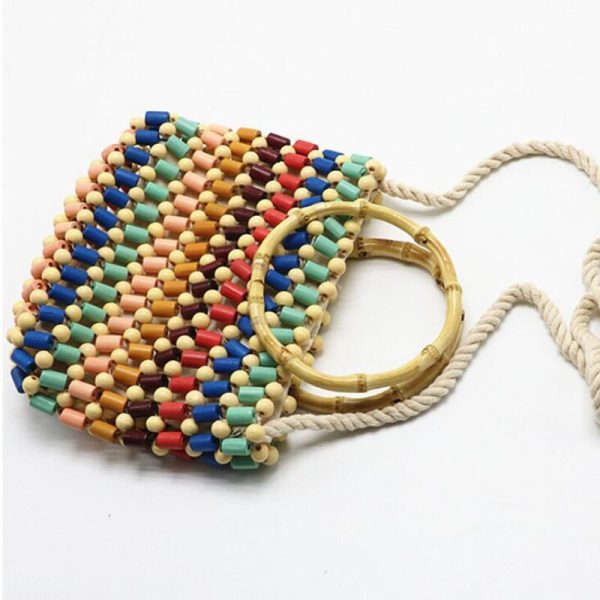 Colorful beads woven bag color hand pearl shoulder bag straw Crossbody bag women high-end fashion wood small handbag