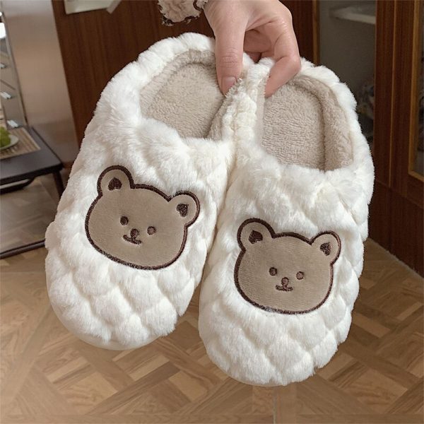 Women's Cute Bear Slippers Soft Plush Flat Shoes with Non-Slip Bottom for Winter Home Wear