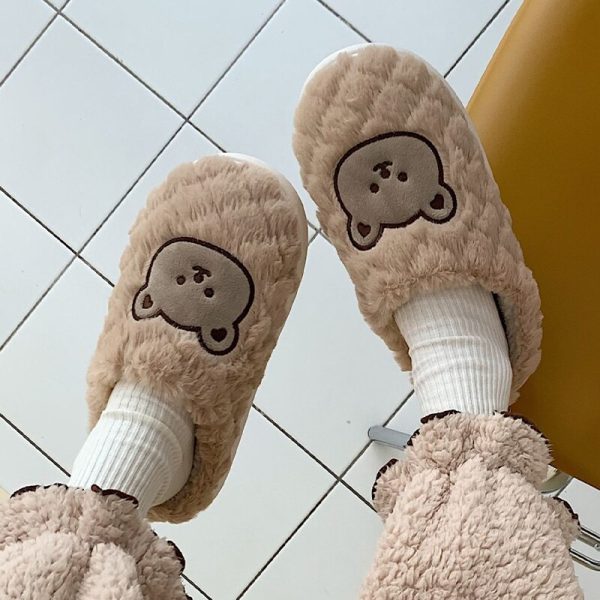 Women's Cute Bear Slippers Soft Plush Flat Shoes with Non-Slip Bottom for Winter Home Wear