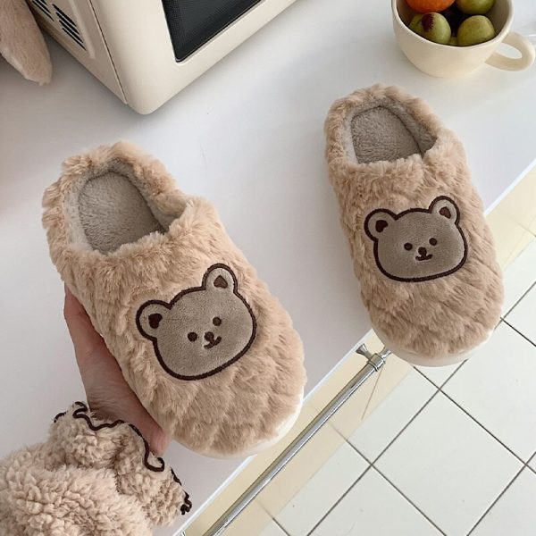 Women's Cute Bear Slippers Soft Plush Flat Shoes with Non-Slip Bottom for Winter Home Wear