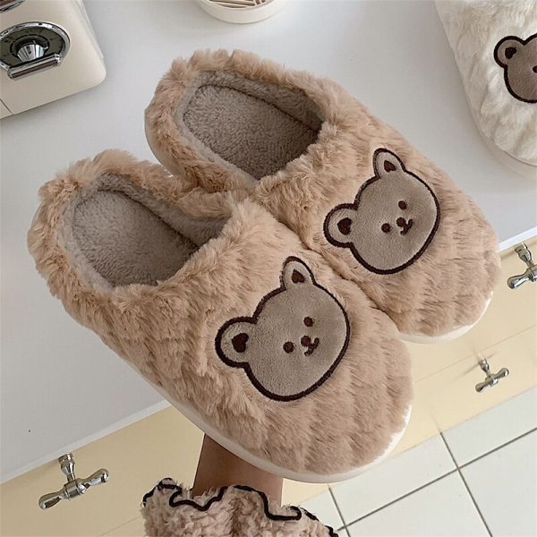 Women's Cute Bear Slippers Soft Plush Flat Shoes with Non-Slip Bottom for Winter Home Wear