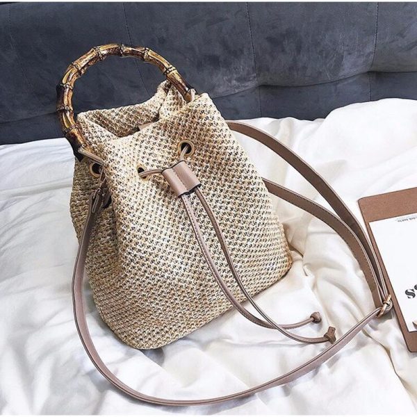 Drawstring Women's Straw Bucket Bag Summer Woven Shoulder Bags Shopping Purse Beach Handbag