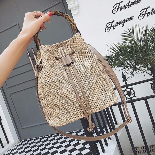 Drawstring Women's Straw Bucket Bag Summer Woven Shoulder Bags Shopping Purse Beach Handbag