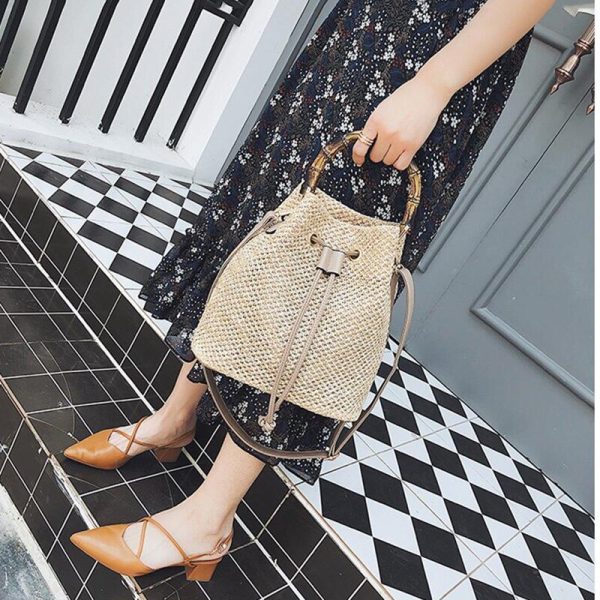 Drawstring Women's Straw Bucket Bag Summer Woven Shoulder Bags Shopping Purse Beach Handbag