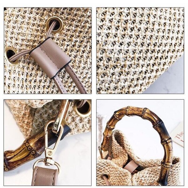 Drawstring Women's Straw Bucket Bag Summer Woven Shoulder Bags Shopping Purse Beach Handbag