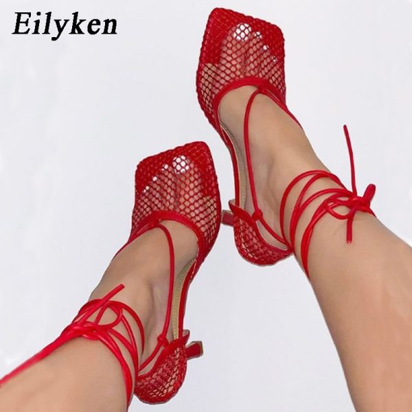 Vanessas Square Toe Mesh Lace-Up High Heel Sandals for Women - Summer/Autumn Fashion Stiletto Dress Shoes with Cross-Tied Design