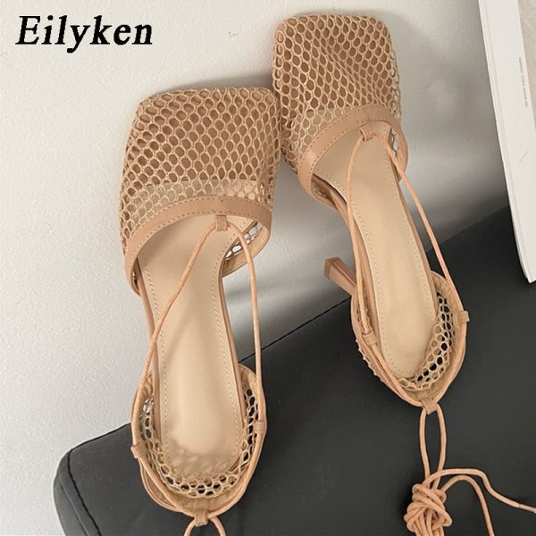 Vanessas Square Toe Mesh Lace-Up High Heel Sandals for Women - Summer/Autumn Fashion Stiletto Dress Shoes with Cross-Tied Design