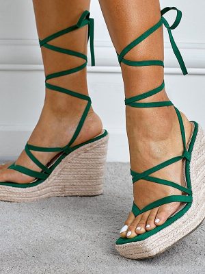 Vanessas Wedges Heels Platform Sandals for Women - Summer Green Narrow Band Open Toe Lace-Up Party Dress Shoes