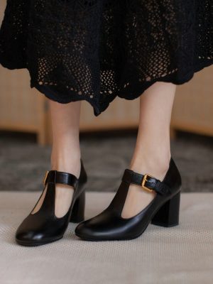 Vanessa's Women Pumps New Spring T Strap Buckle Female Shoes Genuine Leather Round Toe Retro Square High Heels