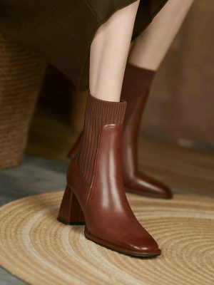 Vanessa's Knitting Autumn Winter Ankle Boots Cow Leather Slip On Short Sock Boots