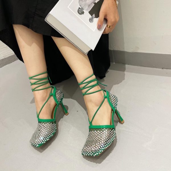 Vanessas Green Yellow Crystal Pumps with Square Toe and Fishnet Design, High Heel Rhinestone Sandals with Cross-Tied Ankle for Dressy Occasions