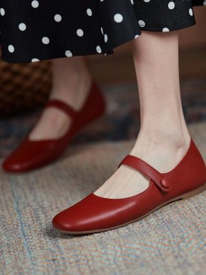 Vanessas Flat Heels Retro Square Toe Genuine Leather Women Shoes