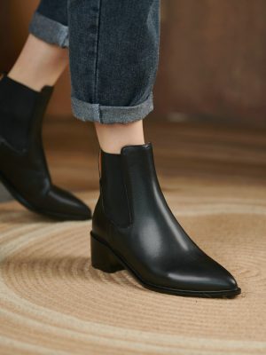 Vanessa's Pointed Toe Square Heel Autumn Winter Women Shoes Genuine Leather Fashion Platform Slip On Ankle Boots