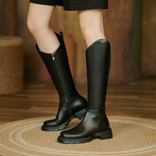 Vanessa's Autumn Winter Square Heel Knee High Boots Leather Slip On Platform Women Shoes