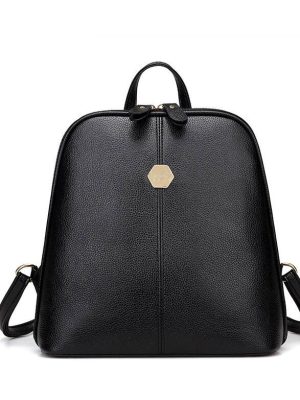 Vintage Shell Leather Women Backpack Solid Color Black Zipper School Bag for Teenager Small Back Pack Shoulder Bag