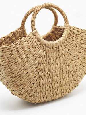 Handmade Beach Bag Round Straw Totes Bag Large Bucket Summer Bags