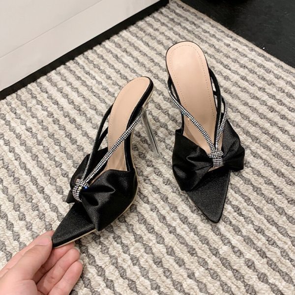 Ladies Elegant Bow Slippers Women's Silk Diamonds Pointed Toe High Heels