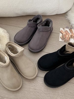 Women's Winter Flats Snow Boots - Short Plush, Keep Warm, Non-slip Ankle Boots - Flock Soft Office Shoes for Ladies